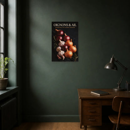 Affiche Oignons & Ail – Essentiels du Garde-Manger dans un bureau - Art Virtuoso