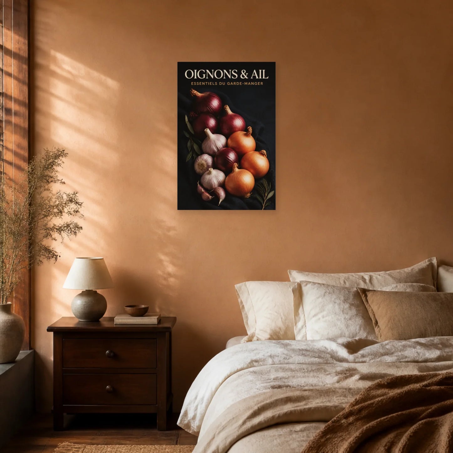 Affiche Oignons & Ail – Essentiels du Garde-Manger dans une chambre - Art Virtuoso