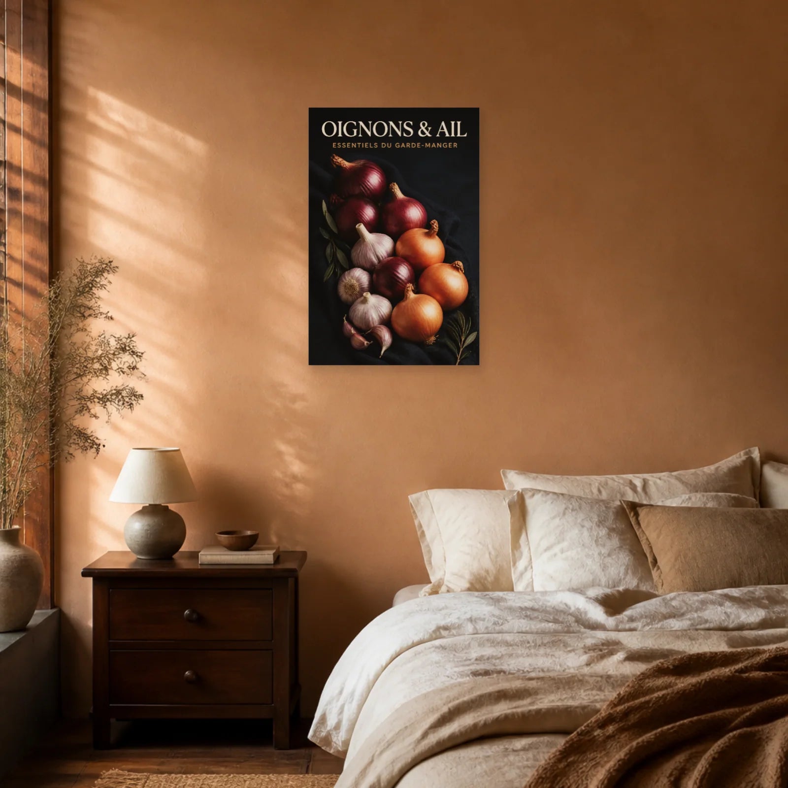 Affiche Oignons & Ail – Essentiels du Garde-Manger dans une chambre - Art Virtuoso