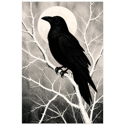 Affiche Corbeau noir et blanc - Silhouette graphique, affiche monochrome graphique entre encre et collage texturé verticale, format 30 × 45 cm