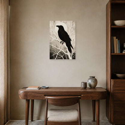 Affiche Corbeau noir et blanc - Silhouette graphique dans un bureau - Art Virtuoso