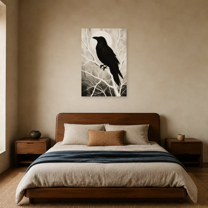 Affiche Corbeau noir et blanc - Silhouette graphique dans une chambre - Art Virtuoso