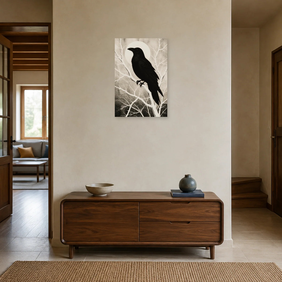Affiche Corbeau noir et blanc - Silhouette graphique dans une entrée ou un couloir - Art Virtuoso