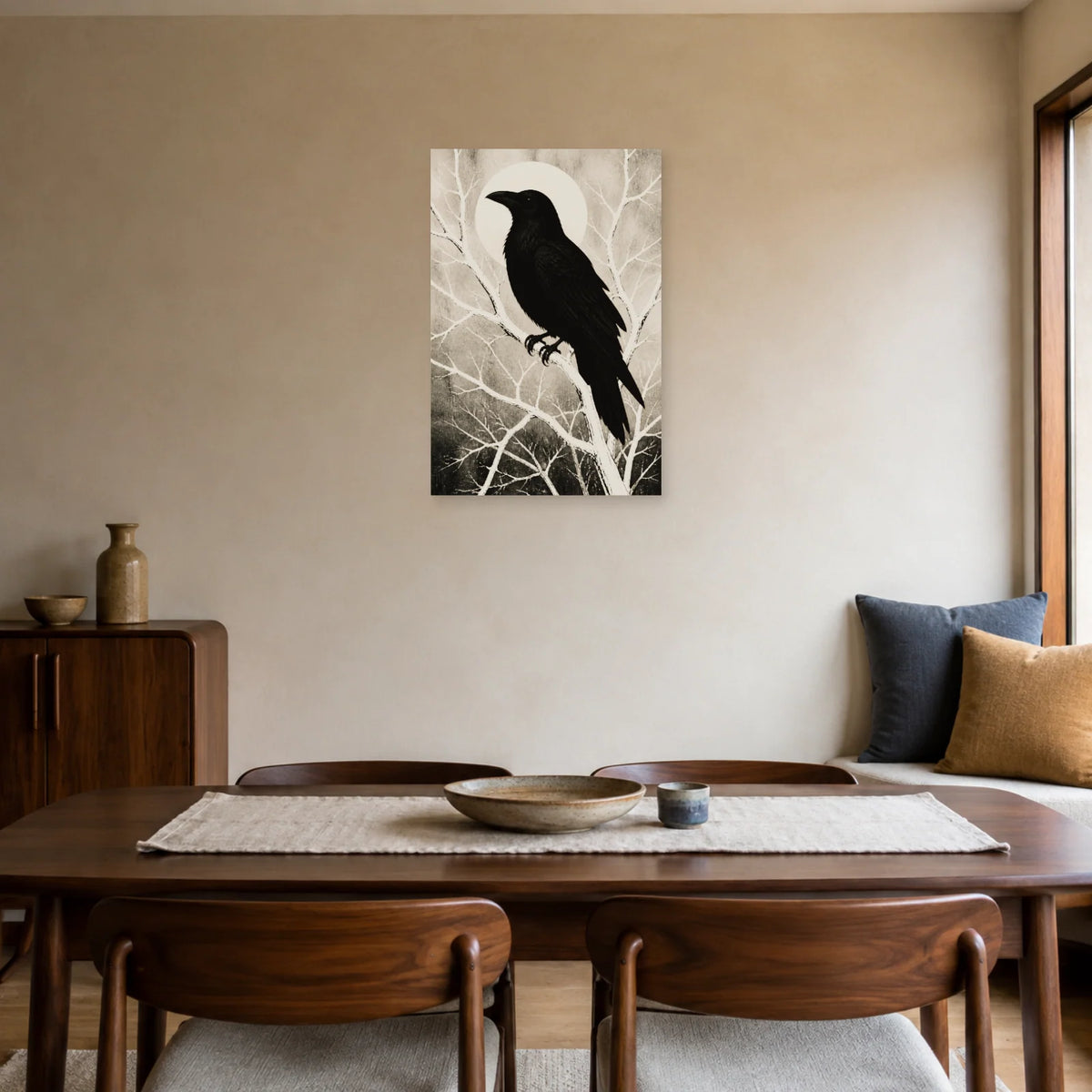 Affiche Corbeau noir et blanc - Silhouette graphique dans une salle à manger - Art Virtuoso