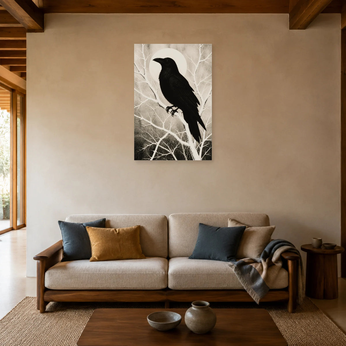 Affiche Corbeau noir et blanc - Silhouette graphique dans un salon - Art Virtuoso