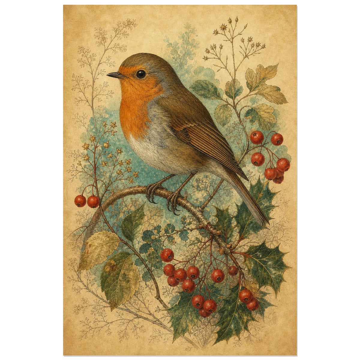 Affiche Rouge-gorge botanique vintage, gravure botanique vintage rehaussée de couleurs patinées verticale, format 30 × 45 cm