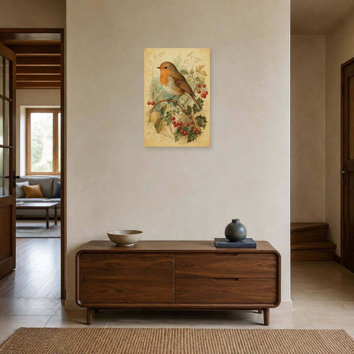 Affiche Rouge-gorge botanique vintage dans une entrée ou un couloir - Art Virtuoso