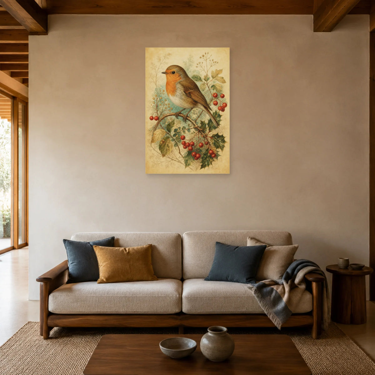 Affiche Rouge-gorge botanique vintage dans un salon - Art Virtuoso