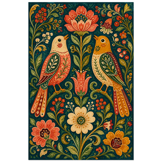 Affiche Oiseaux d’amour folk, illustration folk européenne à l’aspect de broderie peinte verticale, format 30 × 45 cm