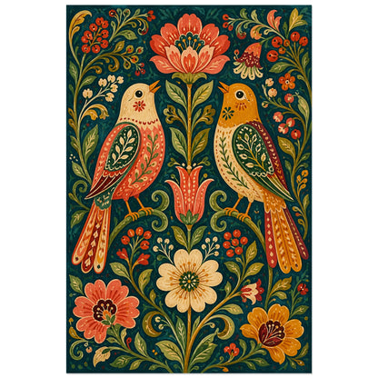 Affiche Oiseaux d’amour folk, illustration folk européenne à l’aspect de broderie peinte verticale, format 40 × 60 cm