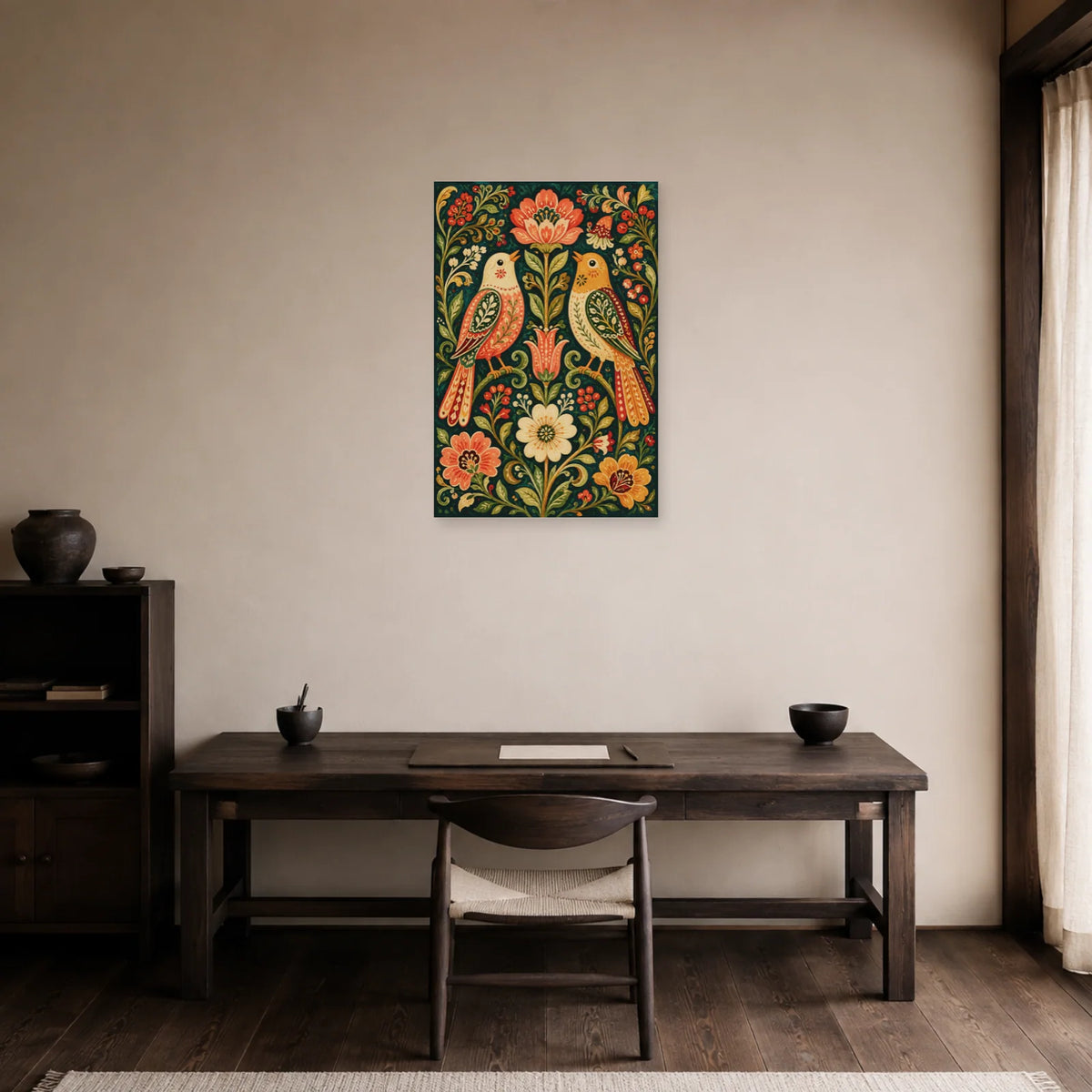 Affiche Oiseaux d’amour folk dans un bureau - Art Virtuoso