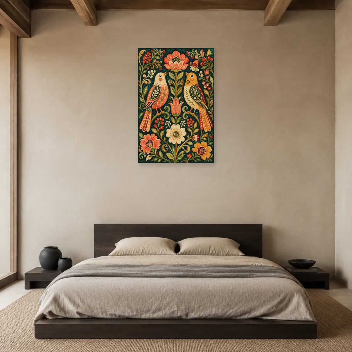 Affiche Oiseaux d’amour folk dans une chambre - Art Virtuoso