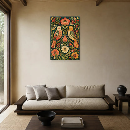 Affiche Oiseaux d’amour folk dans un salon - Art Virtuoso