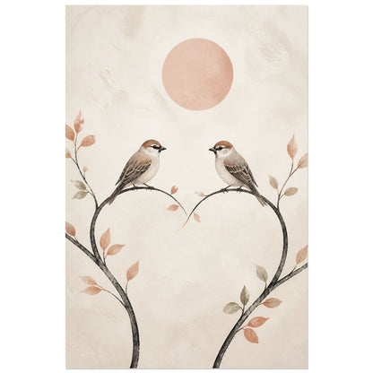 Affiche Deux oiseaux - Amour minimaliste, line art minimaliste rehaussé de gouache douce verticale, format 60 × 90 cm
