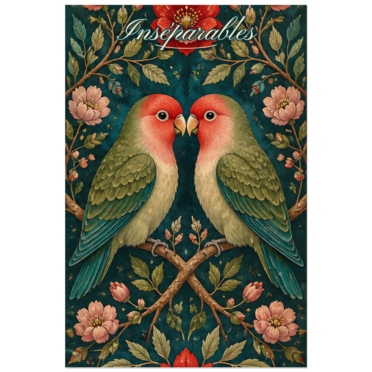 Affiche Inséparables - Oiseaux amoureux botaniques, art populaire floral aux détails de gouache décorative verticale, format 30 × 45 cm