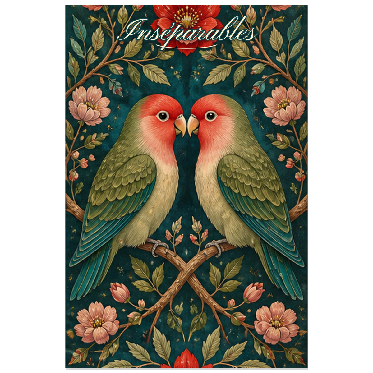 Affiche Inséparables - Oiseaux amoureux botaniques, art populaire floral aux détails de gouache décorative verticale, format 40 × 60 cm
