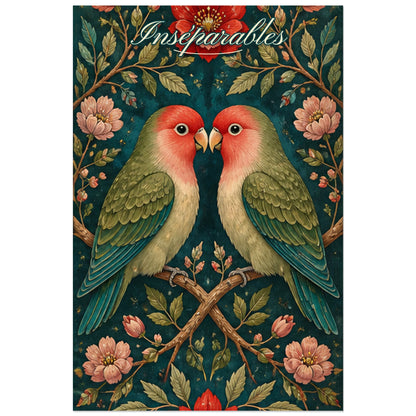 Affiche Inséparables - Oiseaux amoureux botaniques, art populaire floral aux détails de gouache décorative verticale, format 40 × 60 cm