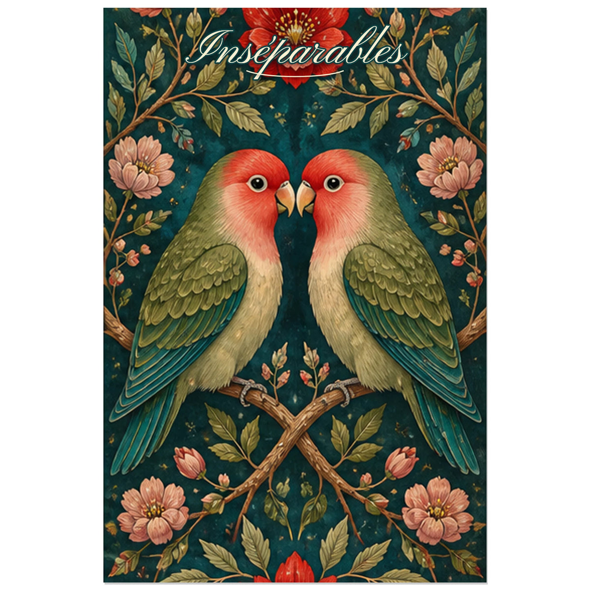 Affiche Inséparables - Oiseaux amoureux botaniques, art populaire floral aux détails de gouache décorative verticale, format 60 × 90 cm