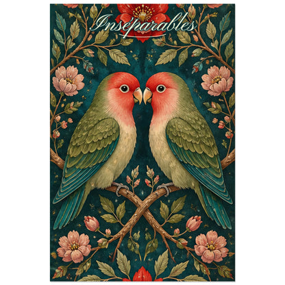 Affiche Inséparables - Oiseaux amoureux botaniques, art populaire floral aux détails de gouache décorative verticale, format 60 × 90 cm