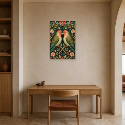 Affiche Inséparables - Oiseaux amoureux botaniques dans un bureau - Art Virtuoso