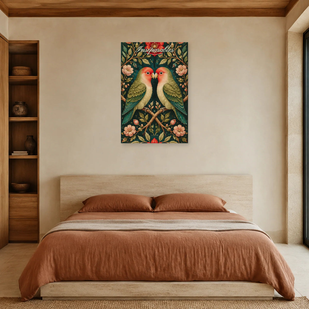 Affiche Inséparables - Oiseaux amoureux botaniques dans une chambre - Art Virtuoso