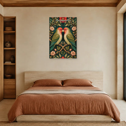 Affiche Inséparables - Oiseaux amoureux botaniques dans une chambre - Art Virtuoso