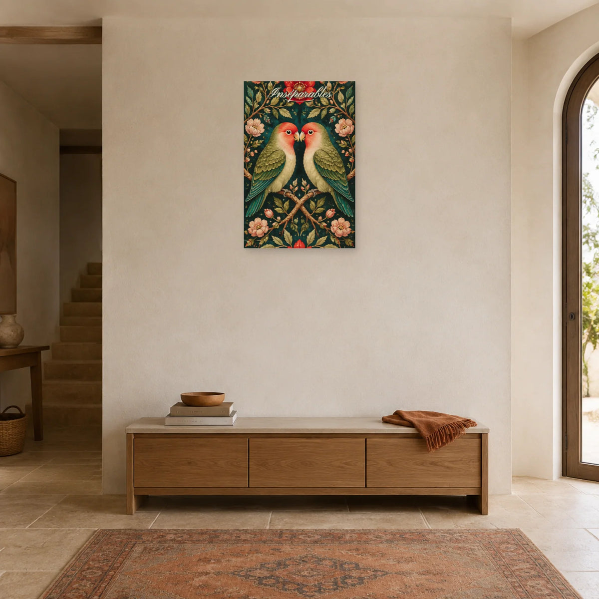 Affiche Inséparables - Oiseaux amoureux botaniques dans une entrée ou un couloir - Art Virtuoso