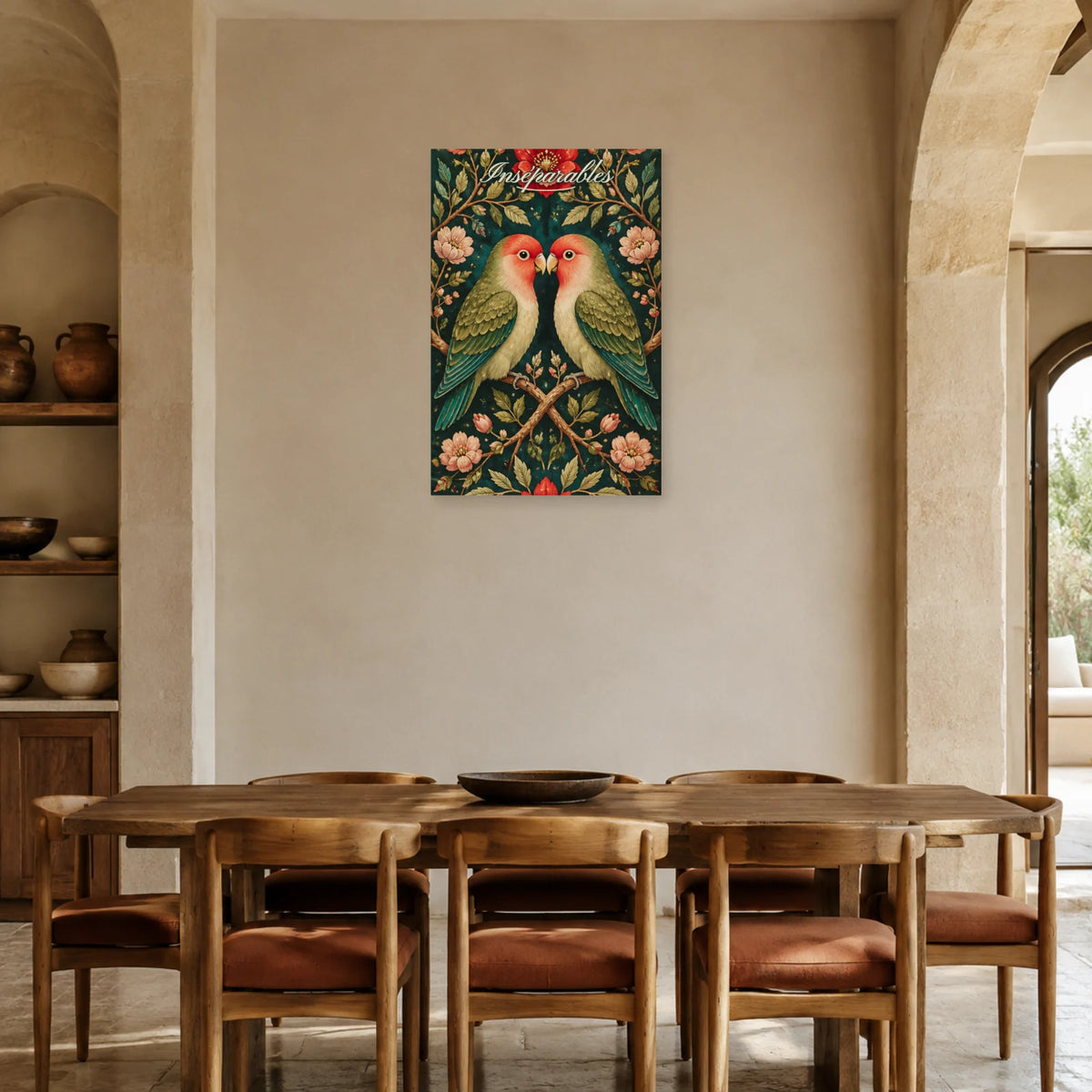 Affiche Inséparables - Oiseaux amoureux botaniques dans une salle à manger - Art Virtuoso