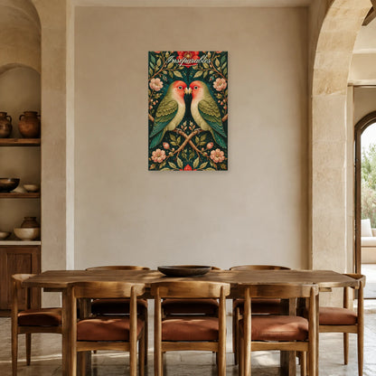 Affiche Inséparables - Oiseaux amoureux botaniques dans une salle à manger - Art Virtuoso