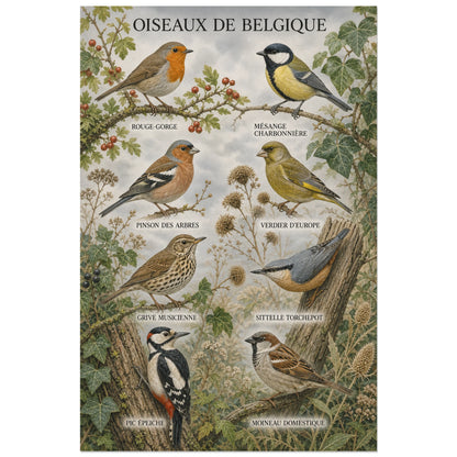Affiche Oiseaux de Belgique - Jardin naturaliste, planche ornithologique de jardin en gouache naturaliste verticale, format 40 × 60 cm