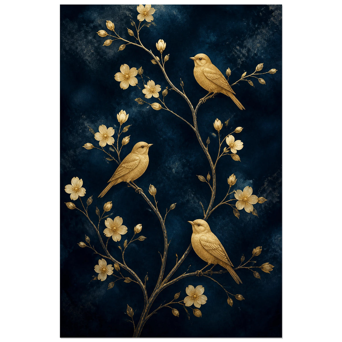 Affiche Oiseaux dorés sur branches bleu nuit, composition décorative précieuse inspirée de la laque et de l’art déco verticale, format 30 × 45 cm