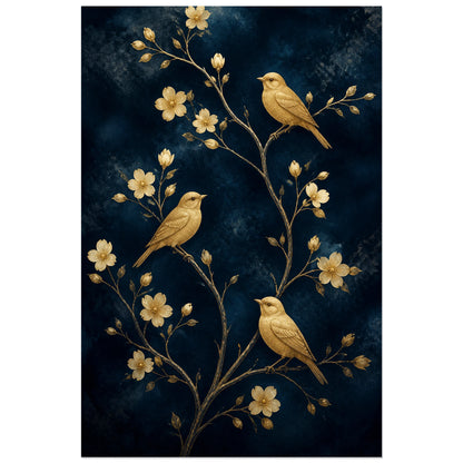 Affiche Oiseaux dorés sur branches bleu nuit, composition décorative précieuse inspirée de la laque et de l’art déco verticale, format 30 × 45 cm