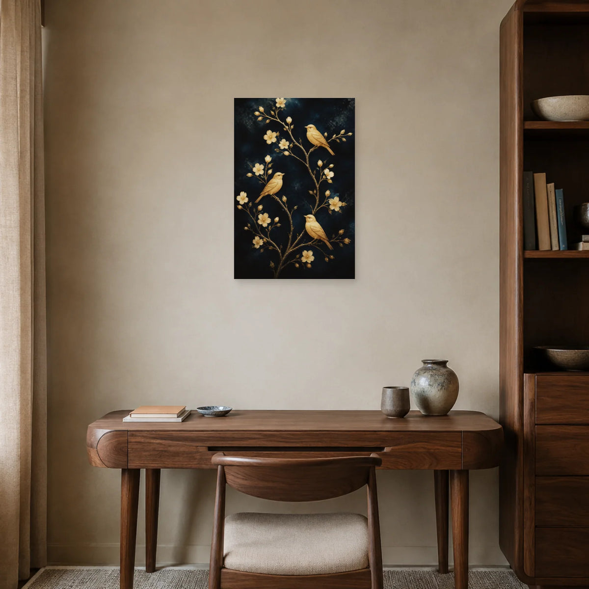 Affiche Oiseaux dorés sur branches bleu nuit dans un bureau - Art Virtuoso