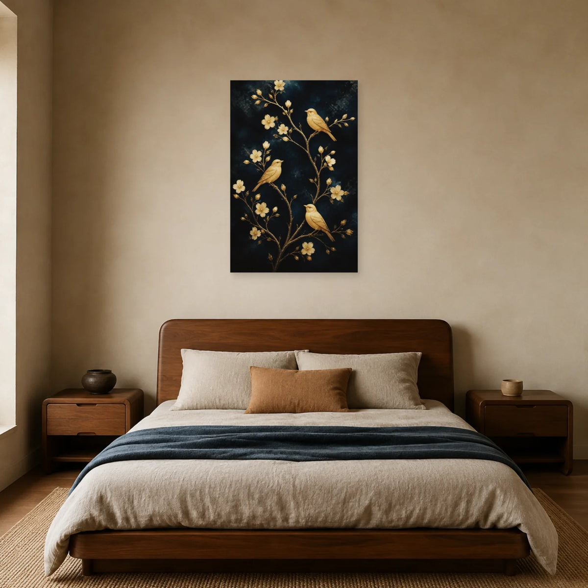 Affiche Oiseaux dorés sur branches bleu nuit dans une chambre - Art Virtuoso