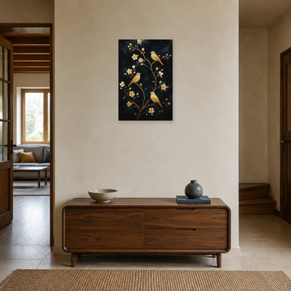 Affiche Oiseaux dorés sur branches bleu nuit dans une entrée ou un couloir - Art Virtuoso
