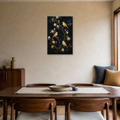 Affiche Oiseaux dorés sur branches bleu nuit dans une salle à manger - Art Virtuoso