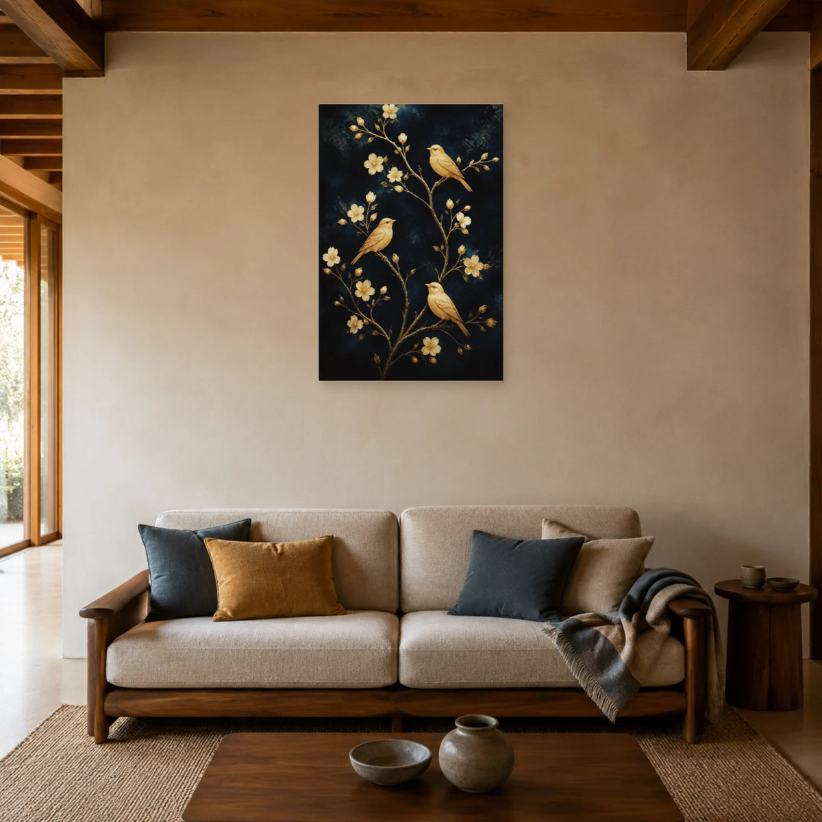 Affiche Oiseaux dorés sur branches bleu nuit dans un salon - Art Virtuoso
