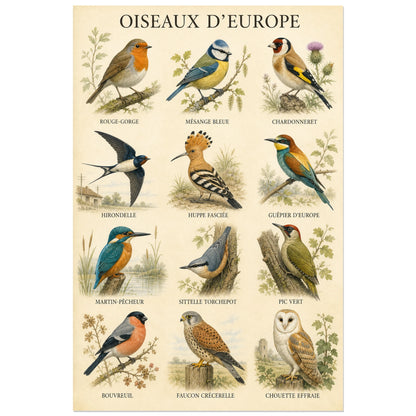 Affiche Oiseaux d’Europe - Planche illustrée, planche ornithologique contemporaine en gouache et crayon coloré verticale, format 30 × 45 cm