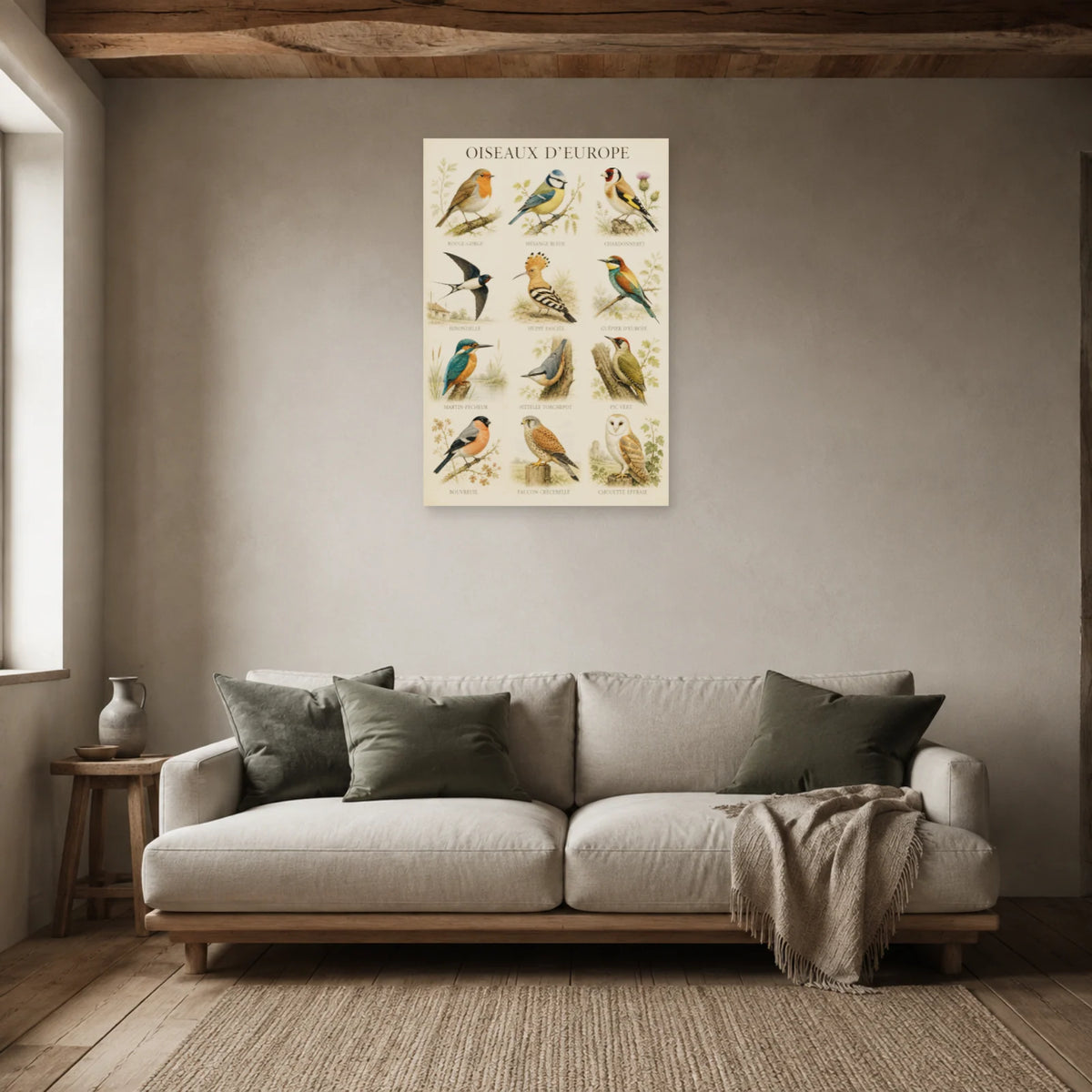 Affiche Oiseaux d’Europe - Planche illustrée dans un salon - Art Virtuoso