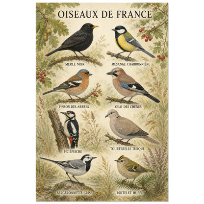Affiche Oiseaux de France - Planche naturaliste, planche naturaliste française détaillée à l’aspect de gouache ancienne verticale, format 30 × 45 cm
