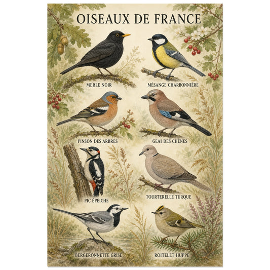 Affiche Oiseaux de France - Planche naturaliste, planche naturaliste française détaillée à l’aspect de gouache ancienne verticale, format 30 × 45 cm