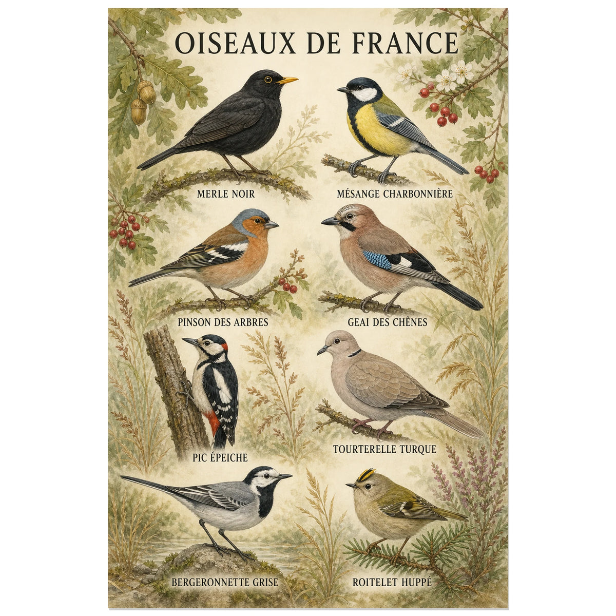 Affiche Oiseaux de France - Planche naturaliste, planche naturaliste française détaillée à l’aspect de gouache ancienne verticale, format 40 × 60 cm