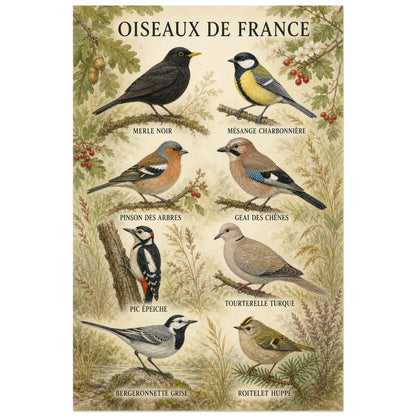 Affiche Oiseaux de France - Planche naturaliste, planche naturaliste française détaillée à l’aspect de gouache ancienne verticale, format 40 × 60 cm