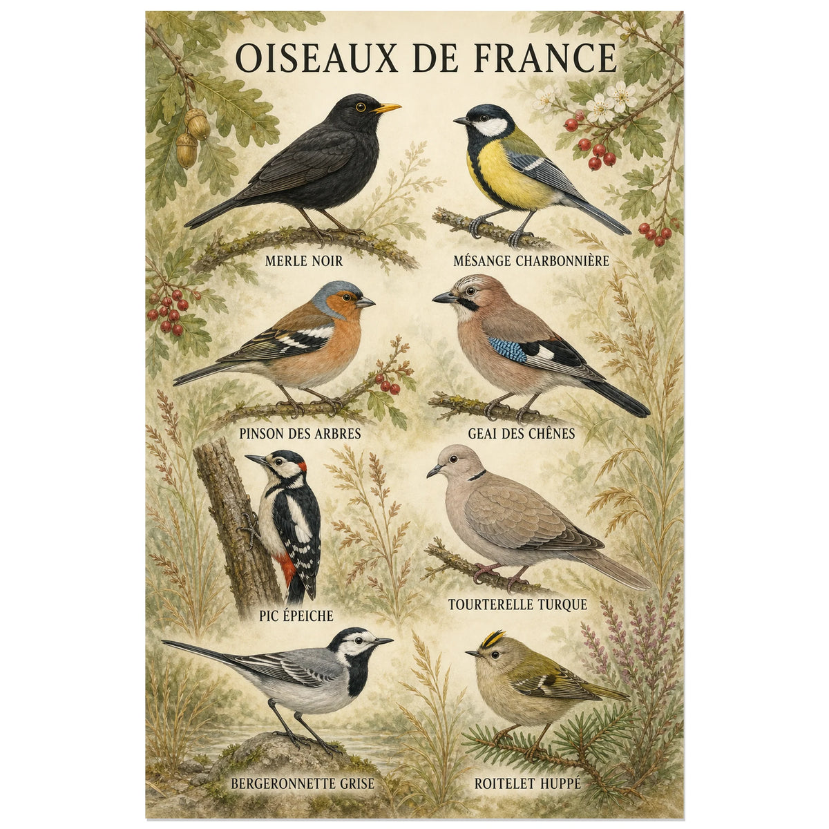 Affiche Oiseaux de France - Planche naturaliste, planche naturaliste française détaillée à l’aspect de gouache ancienne verticale, format 60 × 90 cm