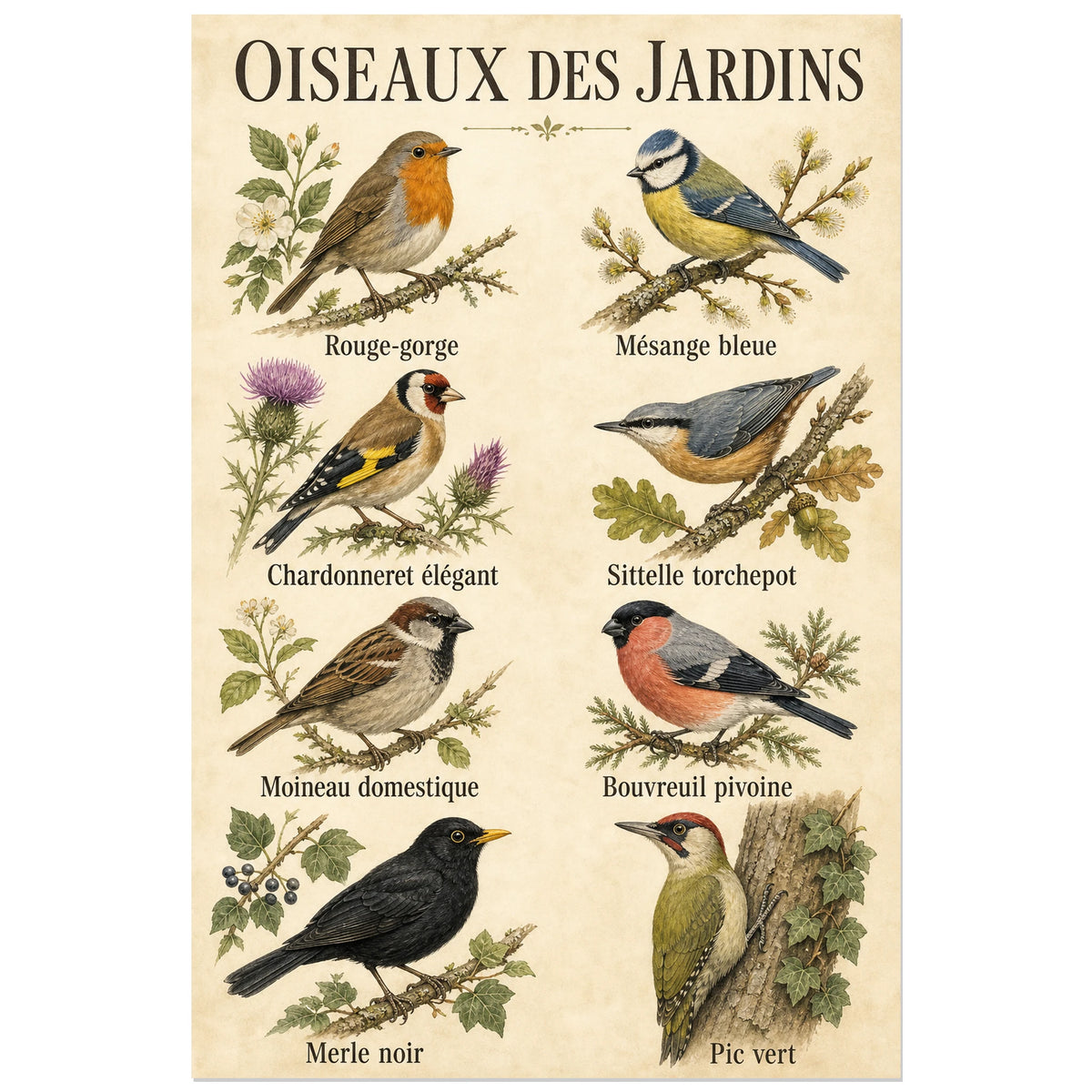 Affiche Oiseaux des jardins - Planche naturaliste, planche ornithologique naturaliste au dessin fin sur papier ancien verticale, format 30 × 45 cm