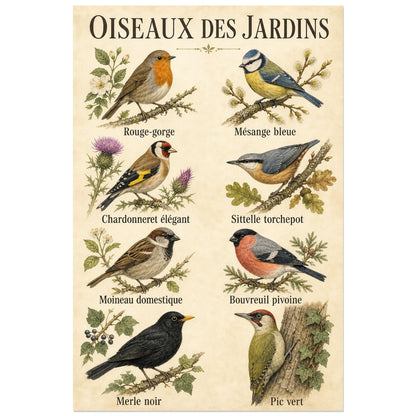 Affiche Oiseaux des jardins - Planche naturaliste, planche ornithologique naturaliste au dessin fin sur papier ancien verticale, format 40 × 60 cm