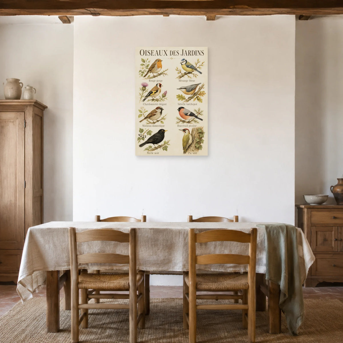 Affiche Oiseaux des jardins - Planche naturaliste dans une salle à manger - Art Virtuoso