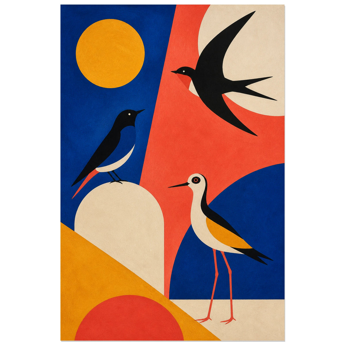 Affiche Oiseaux modernes cobalt et corail, illustration moderniste en aplats texturés verticale, format 30 × 45 cm