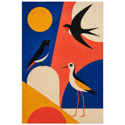 Affiche Oiseaux modernes cobalt et corail, illustration moderniste en aplats texturés verticale, format 30 × 45 cm
