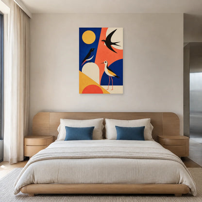 Affiche Oiseaux modernes cobalt et corail dans une chambre - Art Virtuoso
